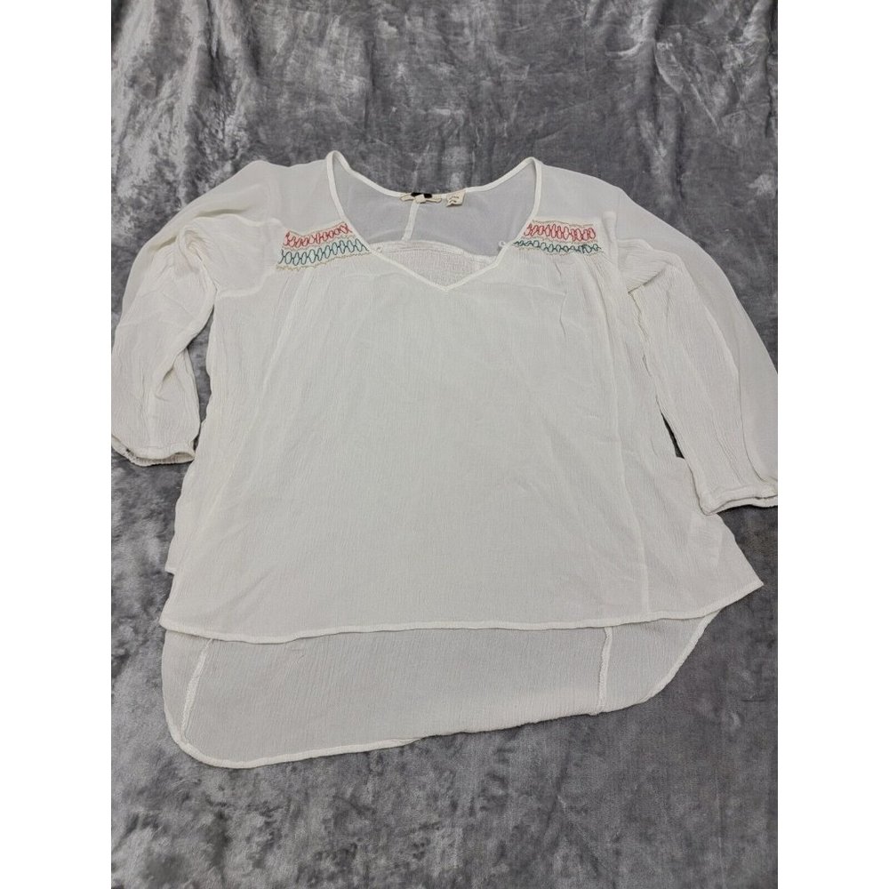MISS ME Blouse Top Womens Medium White, sheer, High Low 3/4 Sleeve Boho